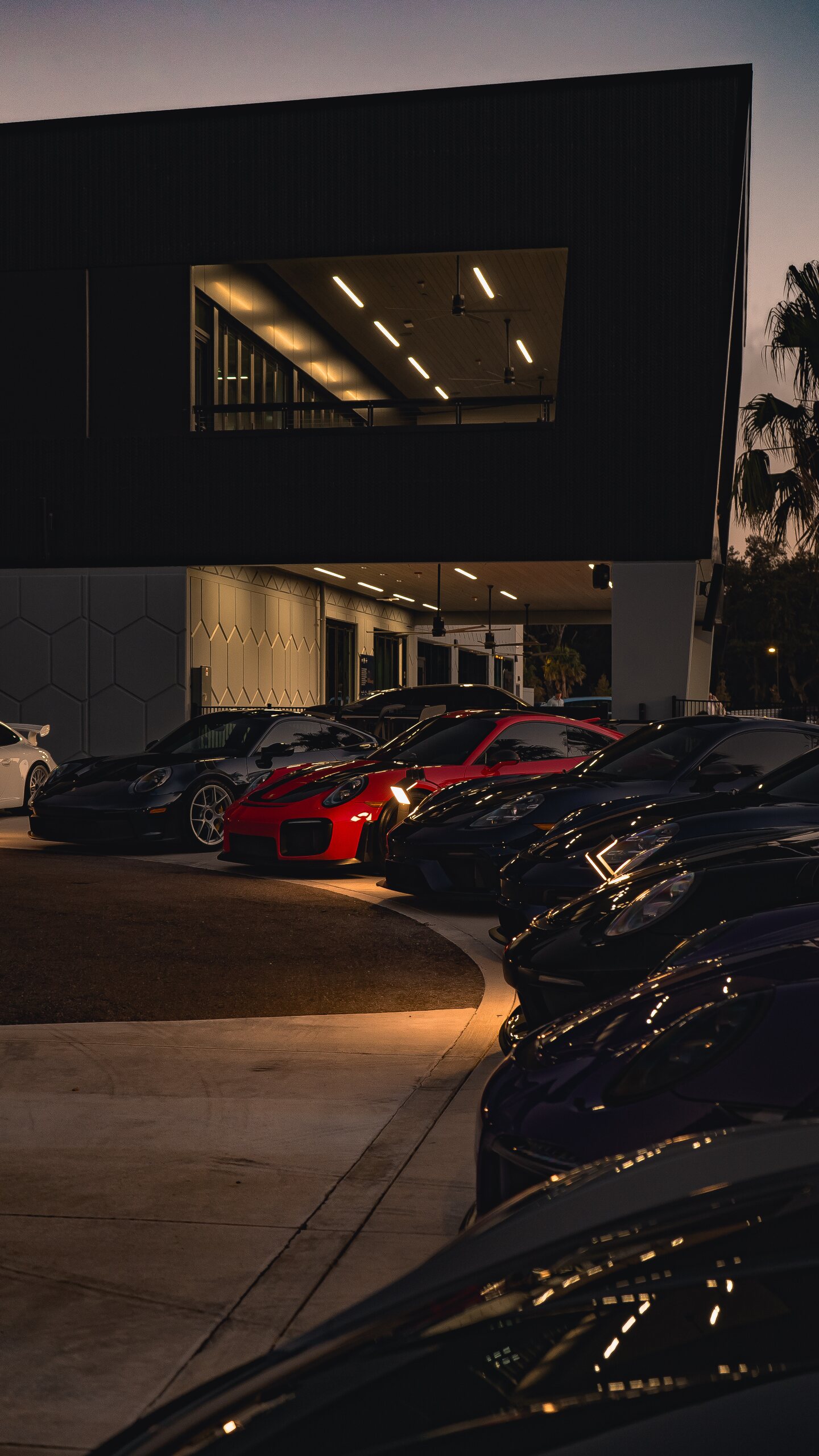 A line of exotic cars staged outside the Provisions venue at dusk.
